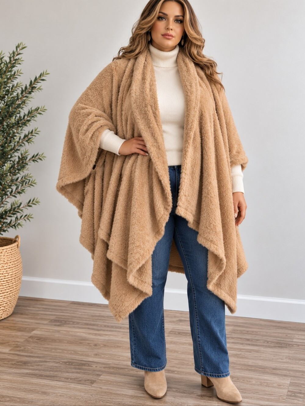 Aerie Oversized Fuzzy Poncho Wrap Cardigan Camel Tan Cozy Boho